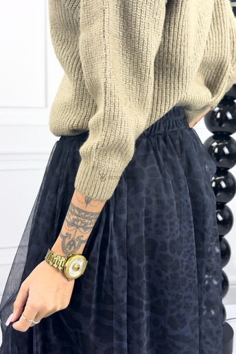 Długa spódnica tiulowa Agłaja wzór panterka szaro czarna