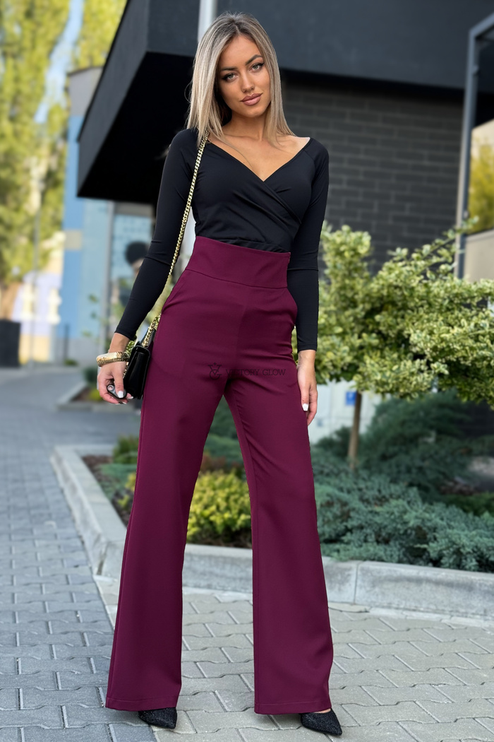 Eleganckie spodnie z wysokim stanem Sandy bordo