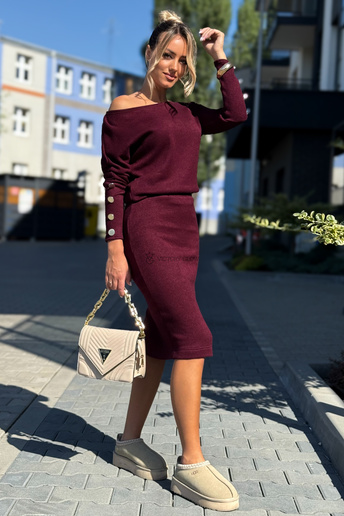 Komplet dzianinowy Mary bluzka i spódnica bordo