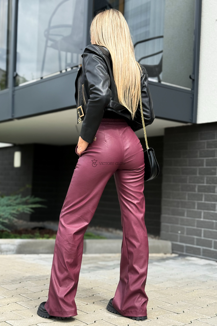 Spodnie z wysokim stanem eko skóra Surya bordowe