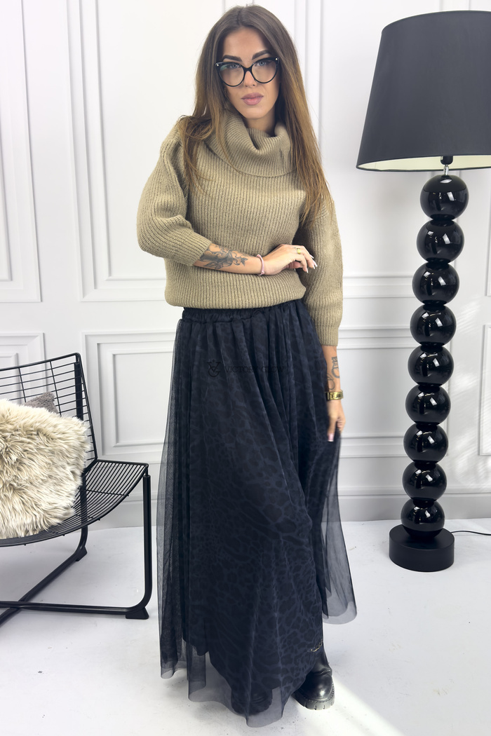 Długa spódnica tiulowa Agłaja wzór panterka szaro czarna