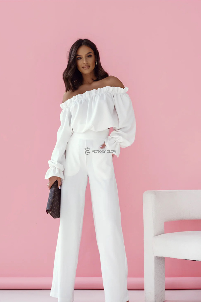 Komplet lniany bluzka i spodnie Mia biały