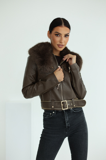 Krótka kurtka z paskiem i futrzanym kołnierzem Wendy czekoladowa