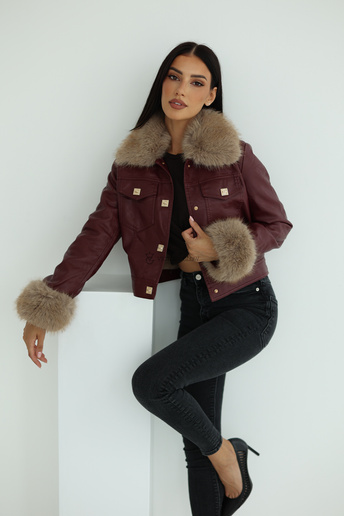 Krótka kurtka z futrzanym kołnierzem Melody bordowa