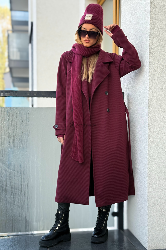 Klasyczny wełniany płaszcz bez podszewki Marina bordo