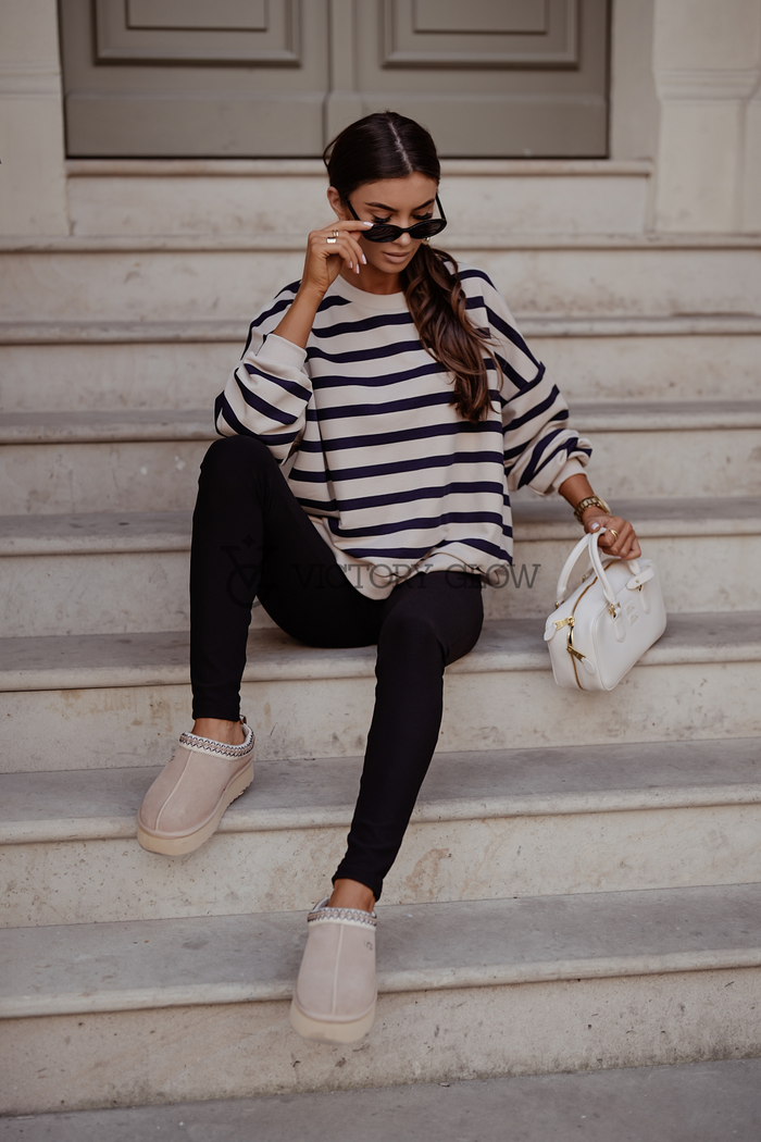 Luźna bluza w paski Strel beżowo-granatowa