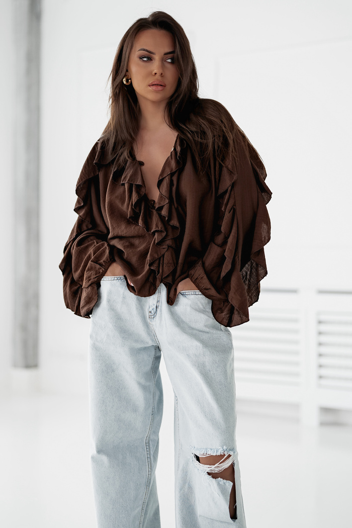 Koszula oversize z falbanami Ella czekoladowa