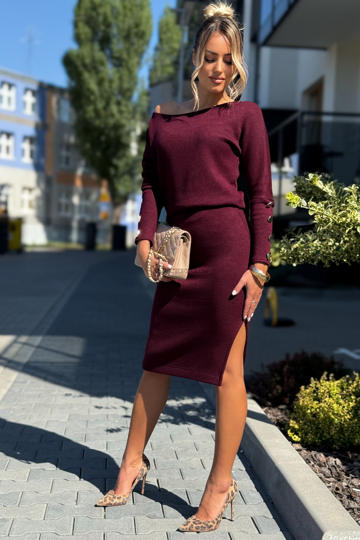 Komplet dzianinowy Mary bluzka i spódnica bordo