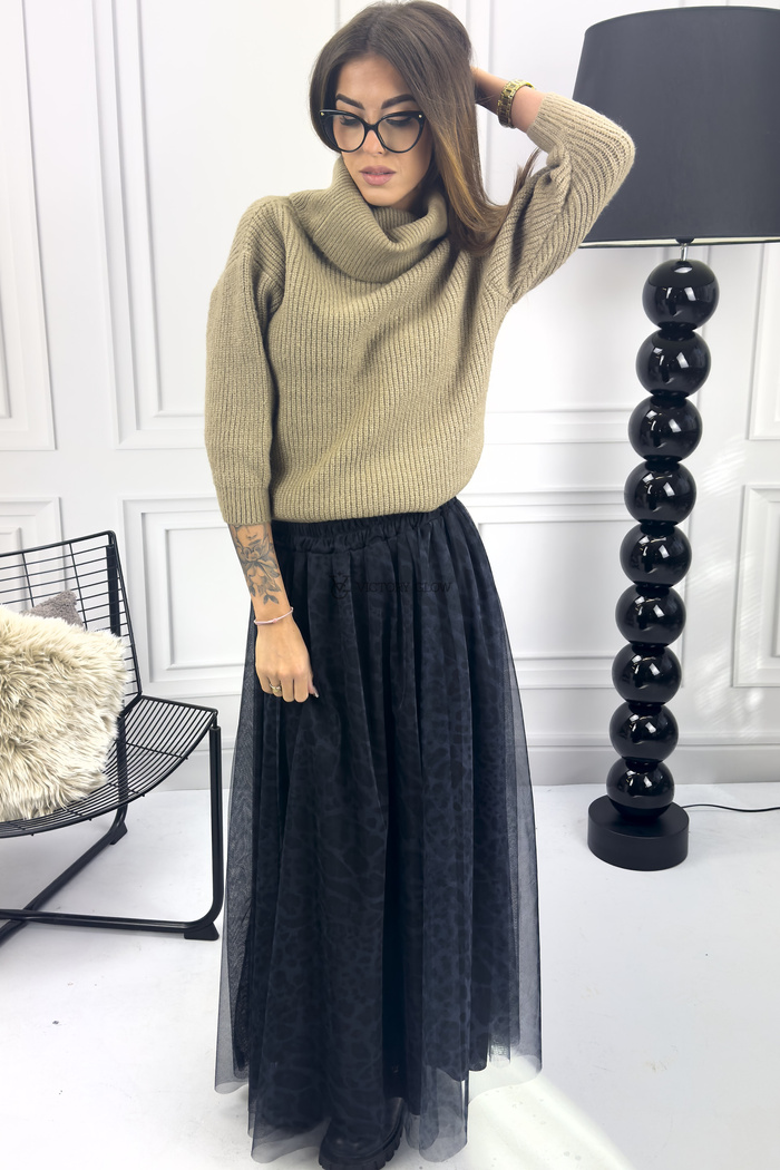 Długa spódnica tiulowa Agłaja wzór panterka szaro czarna