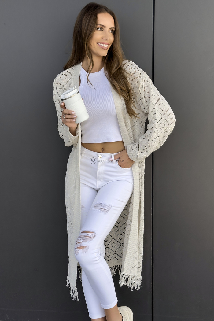 Kremowy ażurowy kardigan Lila bez zapięcia z frędzlami