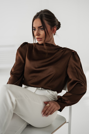 Satynowa bluzka z perełkami Qunii brązowa