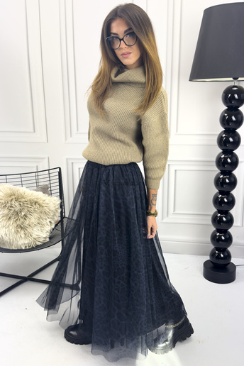 Długa spódnica tiulowa Agłaja wzór panterka szaro czarna