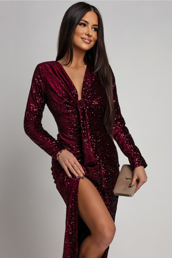 Sukienka cekinowa z drapowaniem Linett bordowa
