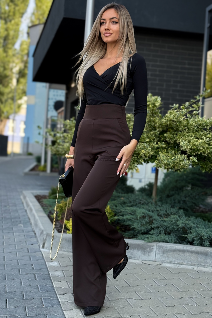 Eleganckie spodnie z wysokim stanem Sandy czekoladowe