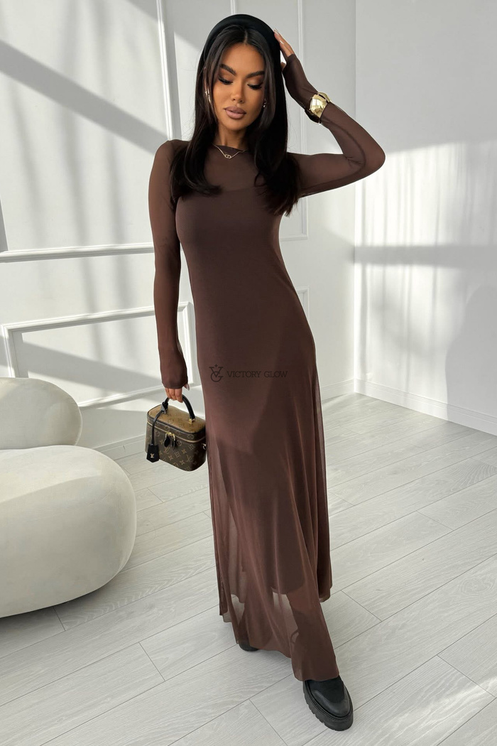 Sukienka maxi Mesh Elegance brązowa