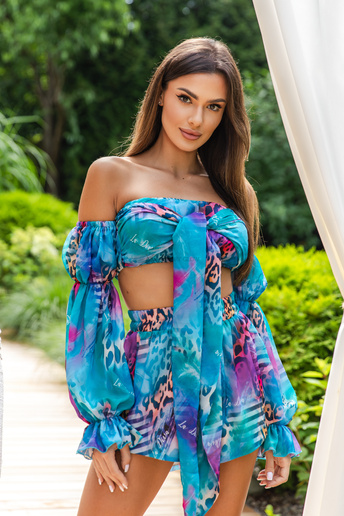 Letni komplet w cętki La Diva spodenki i bluzka niebieski