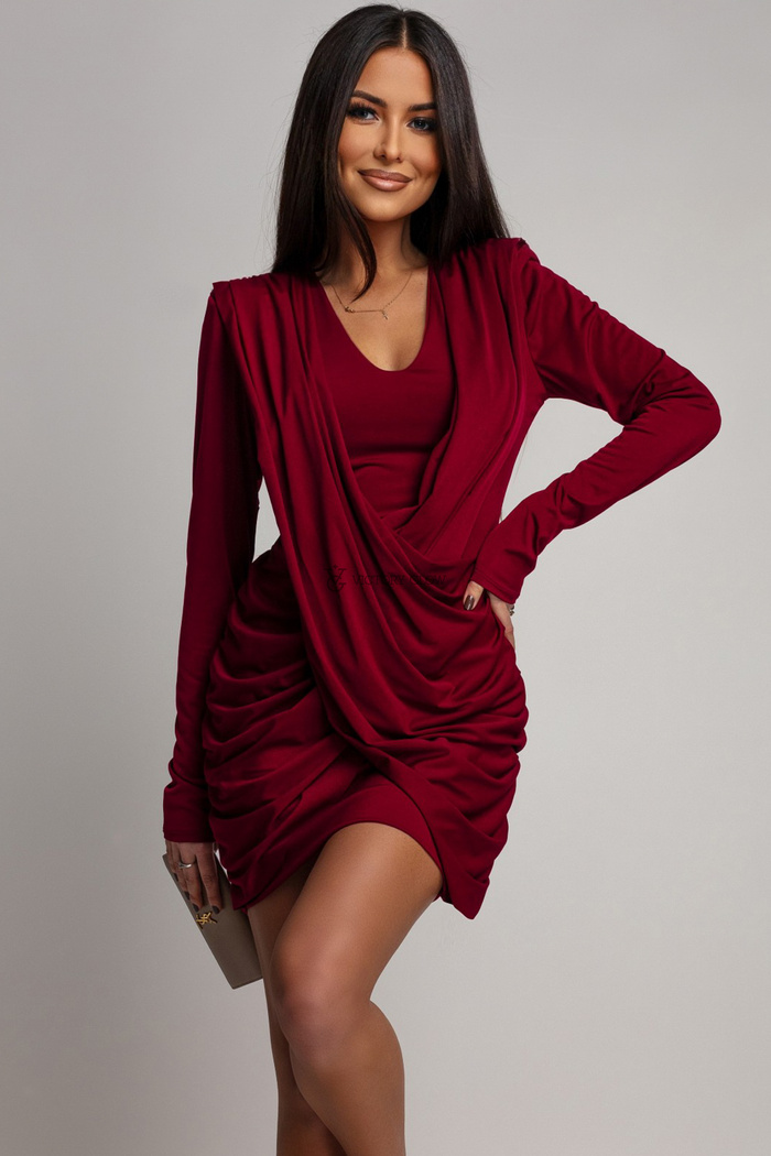 Kopertowa sukienka z drapowaniem Sandra bordowa