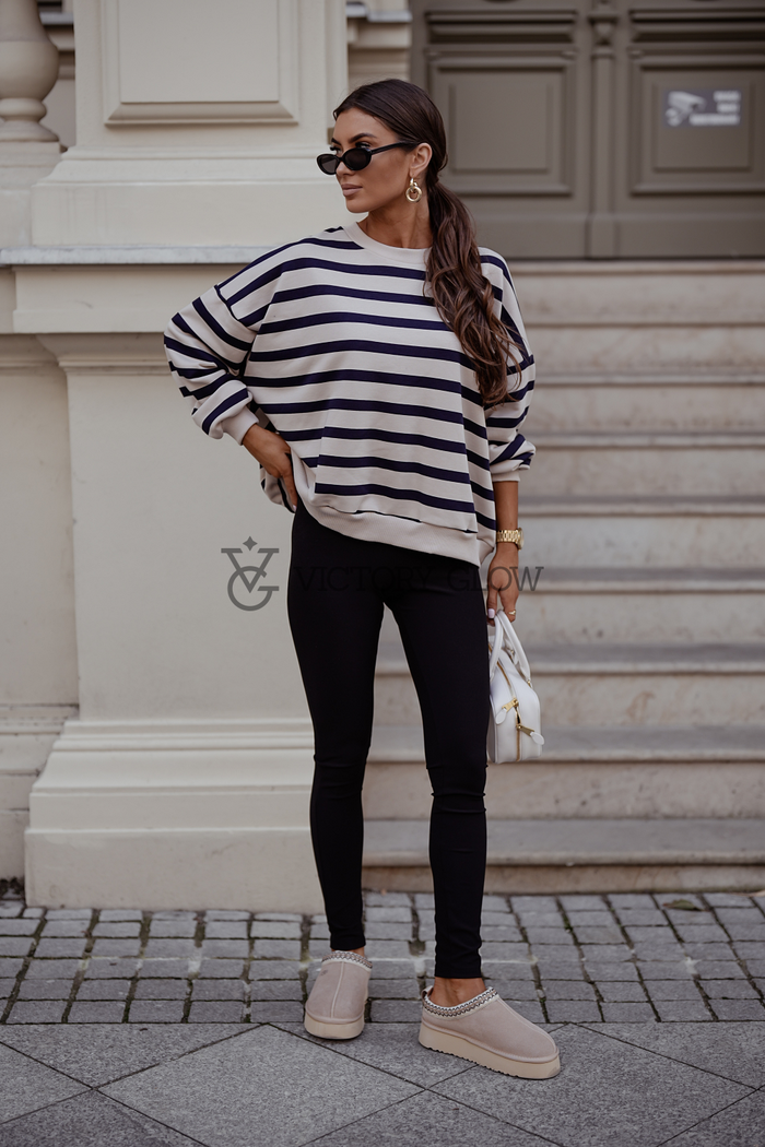 Luźna bluza w paski Strel beżowo-granatowa