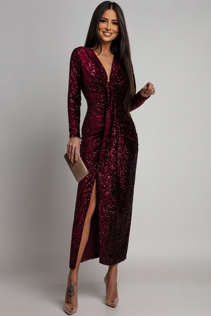 Sukienka cekinowa z drapowaniem Linett bordowa