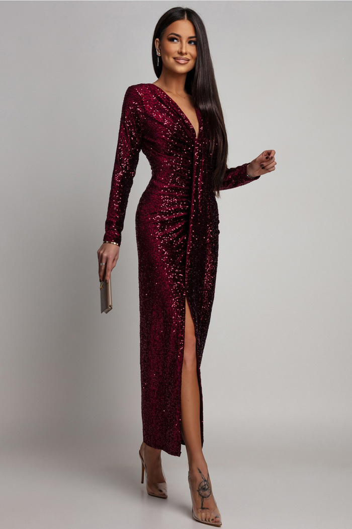Sukienka cekinowa z drapowaniem Linett bordowa