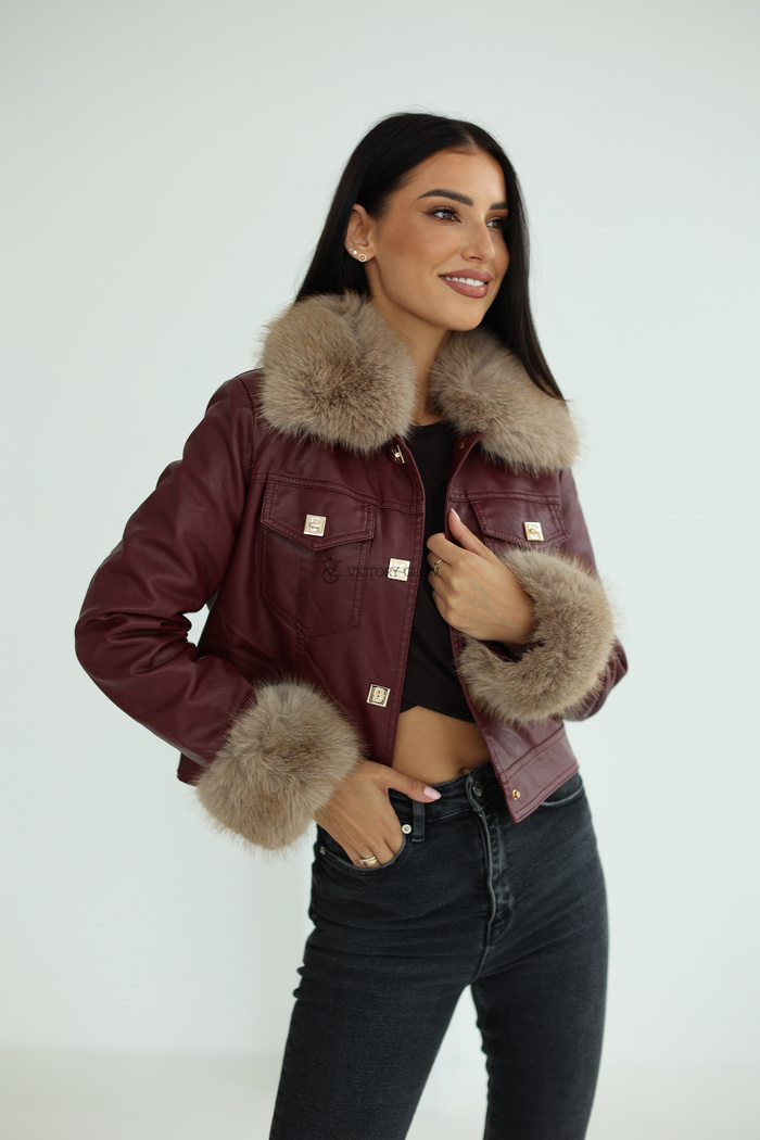 Krótka kurtka z futrzanym kołnierzem Melody bordowa
