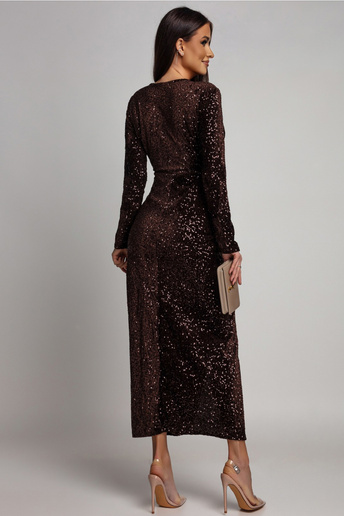 Sukienka cekinowa z drapowaniem Linett brązowa