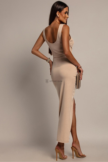 Dopasowana sukienka z rozporkiem Lara beżowa