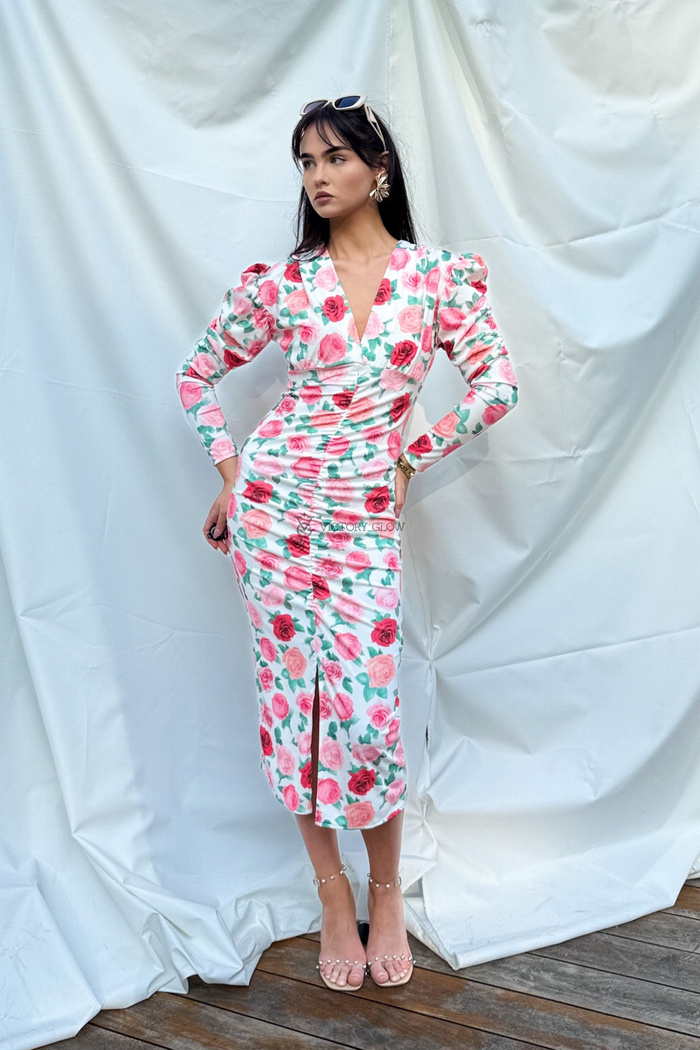 Sukienka marszczona w kwiaty Rose różowa