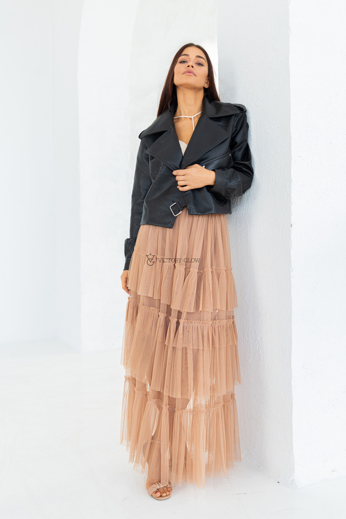 Tiulowa spódnica z falbanami Kiara  karmelowa