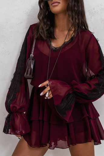 Sukienka szyfonowa z falbaną i koronką Sara bordo