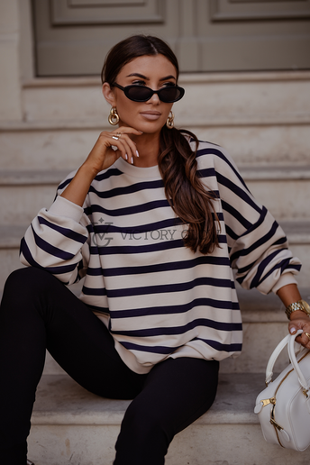 Luźna bluza w paski Strel beżowo-granatowa