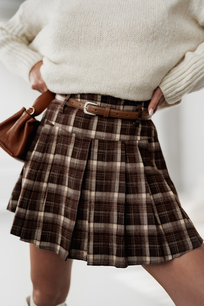 Spódnica mini w kratę z paskiem London brązowa