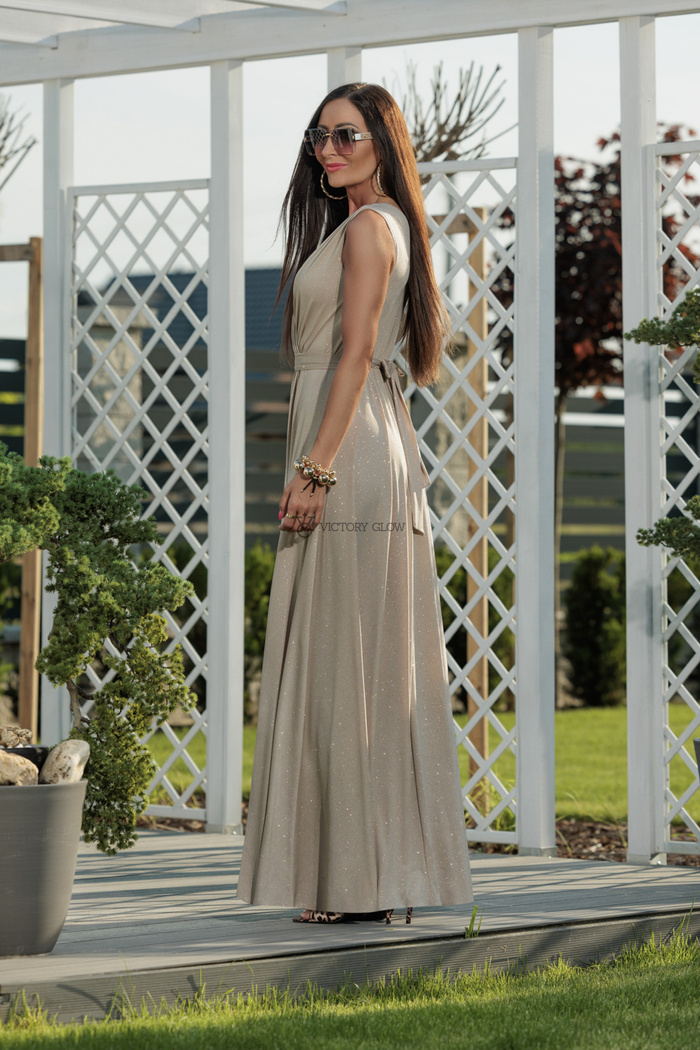 Brokatowa sukienka wieczorowa Salomea  beżowa