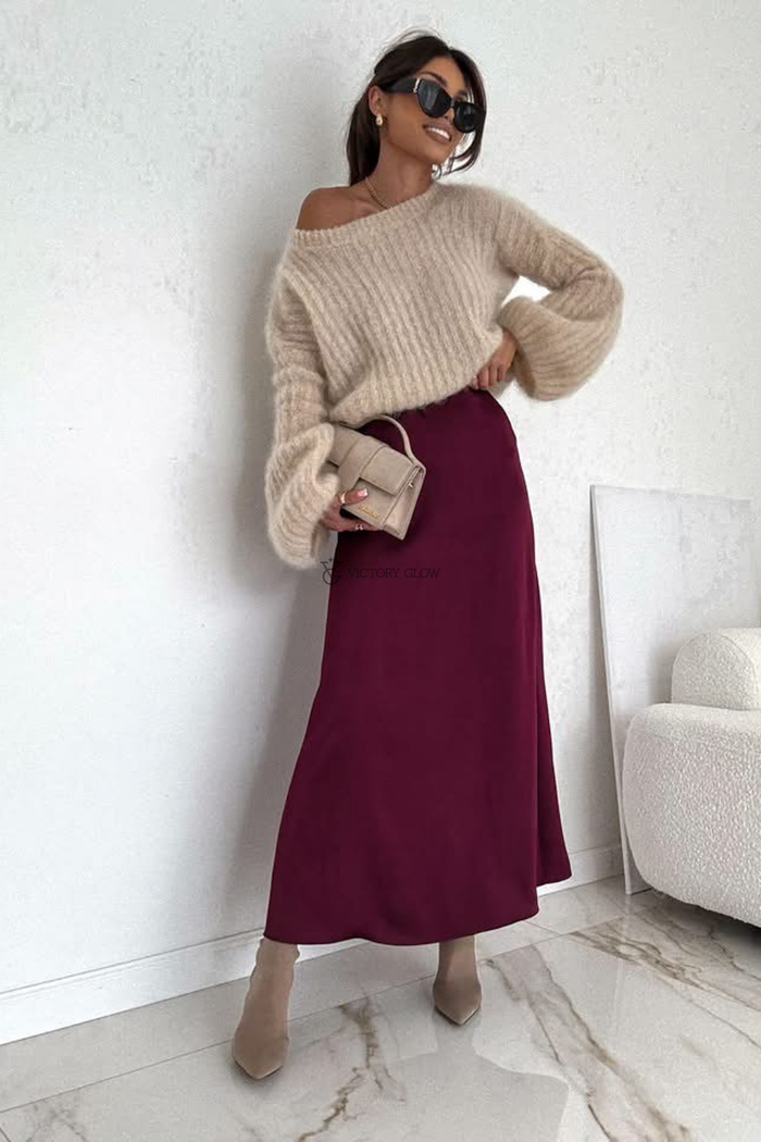 Długa spódnica satynowa Kira bordowa