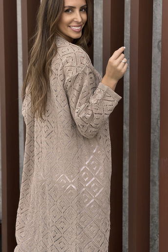 Beżowy ażurowy kardigan Lila bez zapięcia z frędzlami