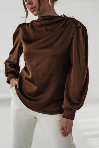 Satynowa bluzka z perełkami Qunii brązowa