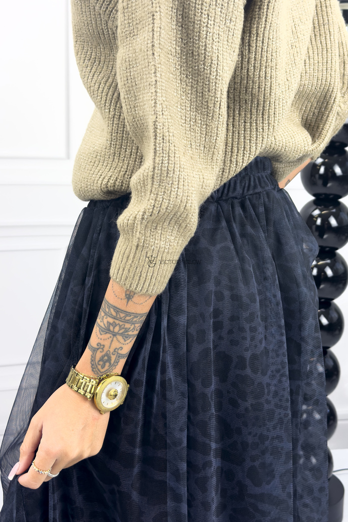 Długa spódnica tiulowa Agłaja wzór panterka szaro czarna