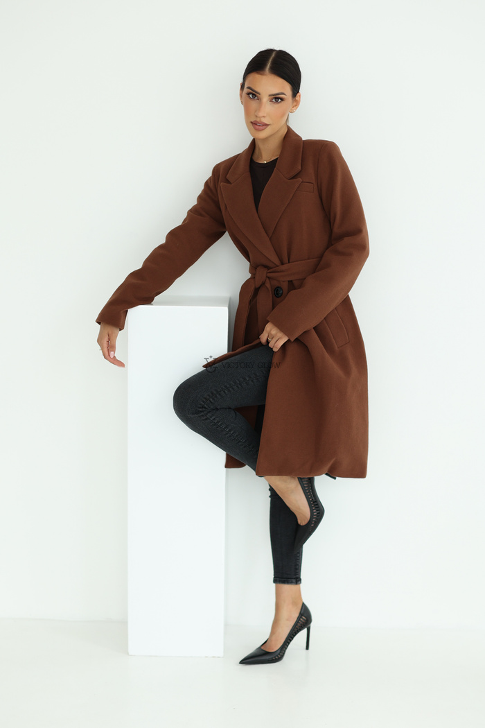 Elegancki płaszcz z paskiem Klara brązowy