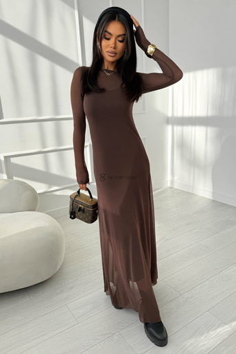 Sukienka maxi Mesh Elegance brązowa