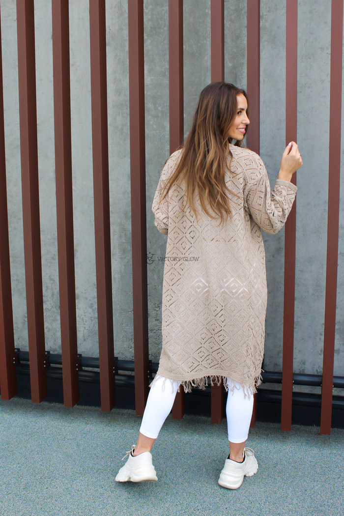 Beżowy ażurowy kardigan Lila bez zapięcia z frędzlami