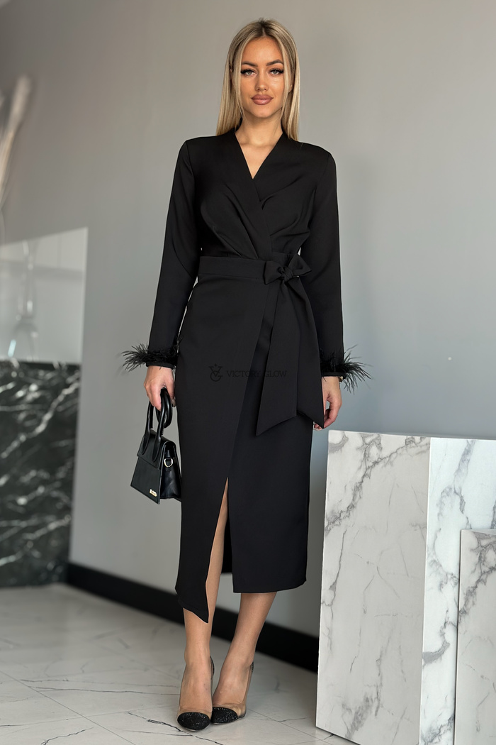 Kopertowa sukienka midi z piórkami Nicol czarna