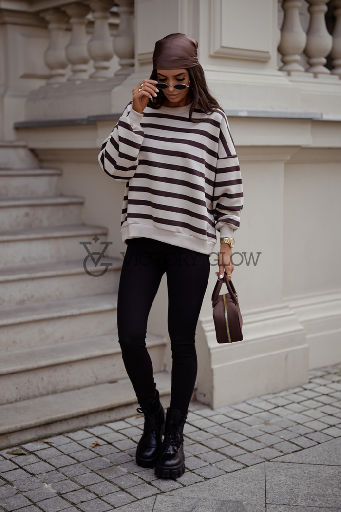 Luźna bluza w paski Strel beżowo-brązowa