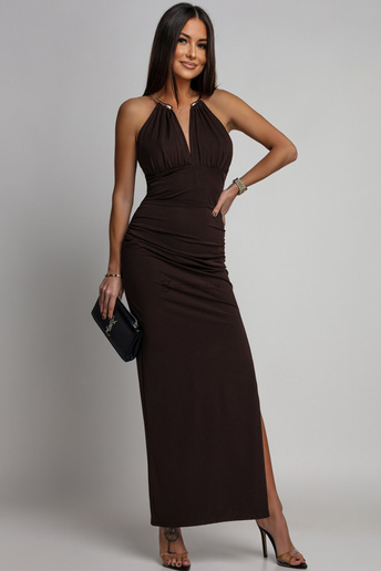 Sukienka maxi z biżuteryjnym dekoltem Gabby czekoladowa