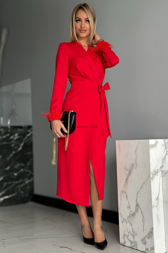 Kopertowa sukienka midi z piórkami Nicol czerwona