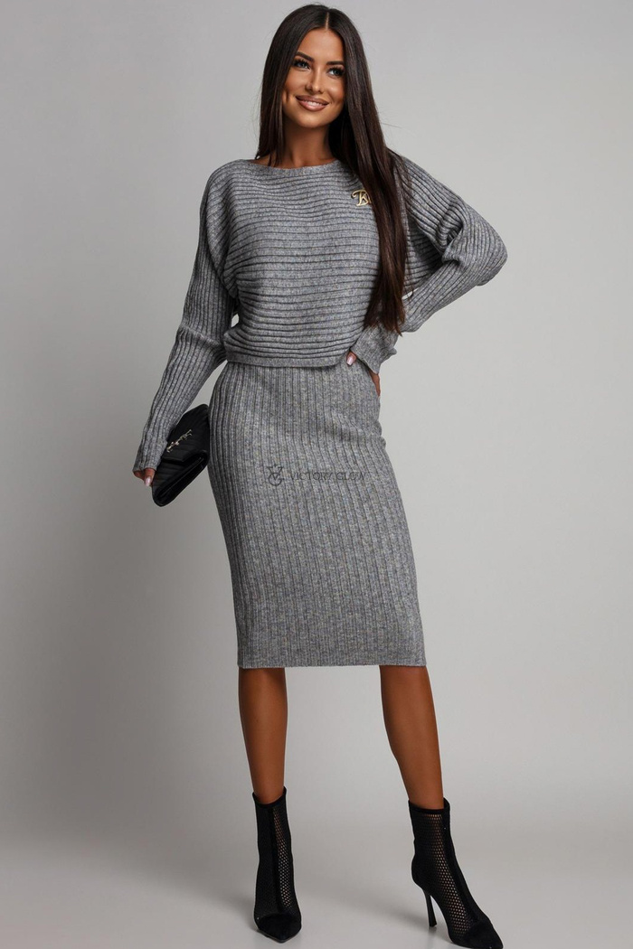Dzianinowy komplet sukienka i sweter Amelia szary melanż