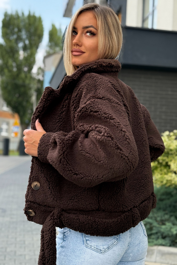 Krótki futerko baranek Bear z kołnierzem czekoladowy
