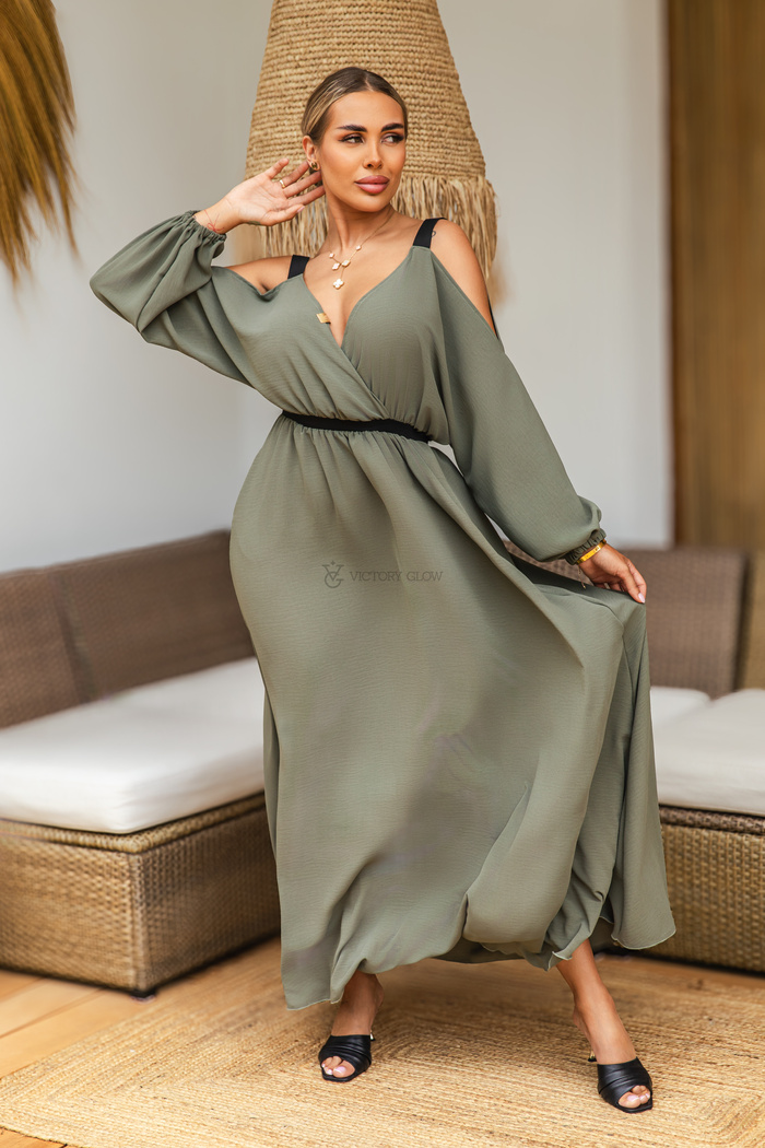 Maxi sukienka z kopertowym dekoltem Fame Icon oliwkowa