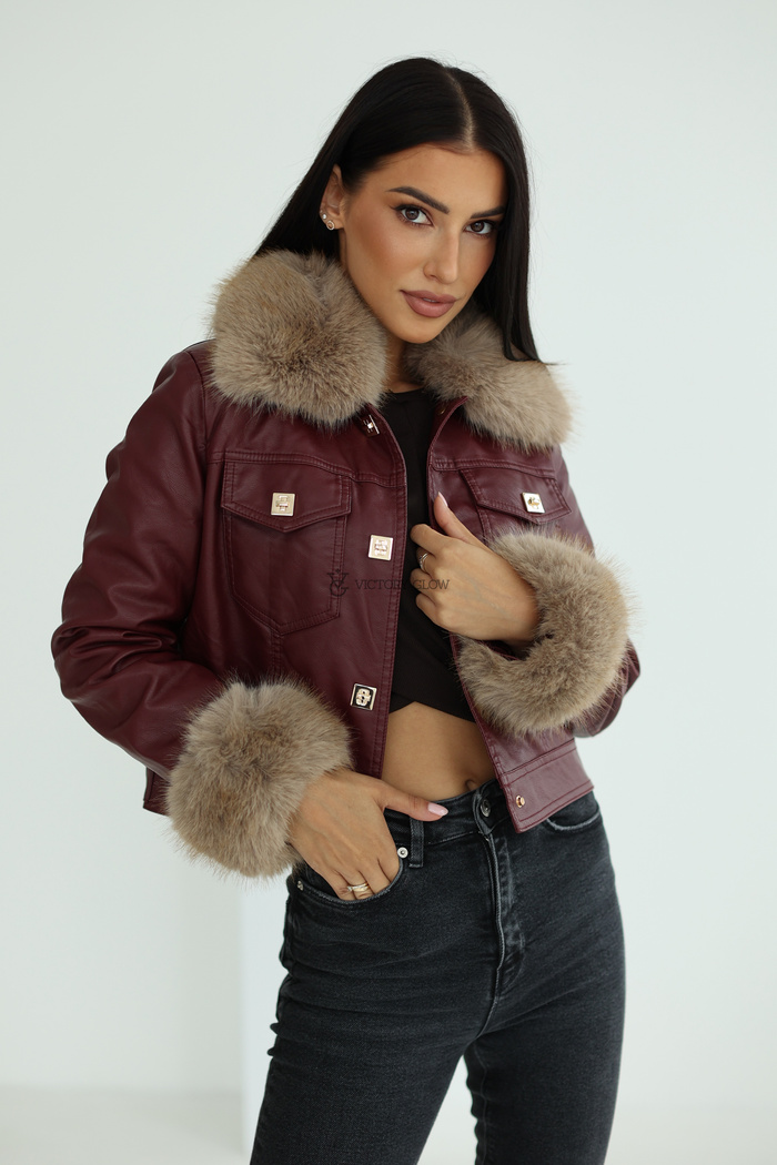 Krótka kurtka z futrzanym kołnierzem Melody bordowa