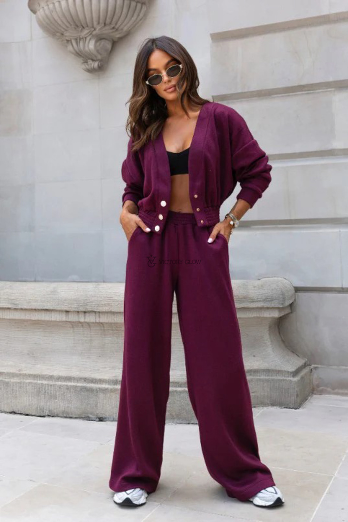 Komplet dresowy z miękkiej dzianiny spodnie i bluza Meggi bordo