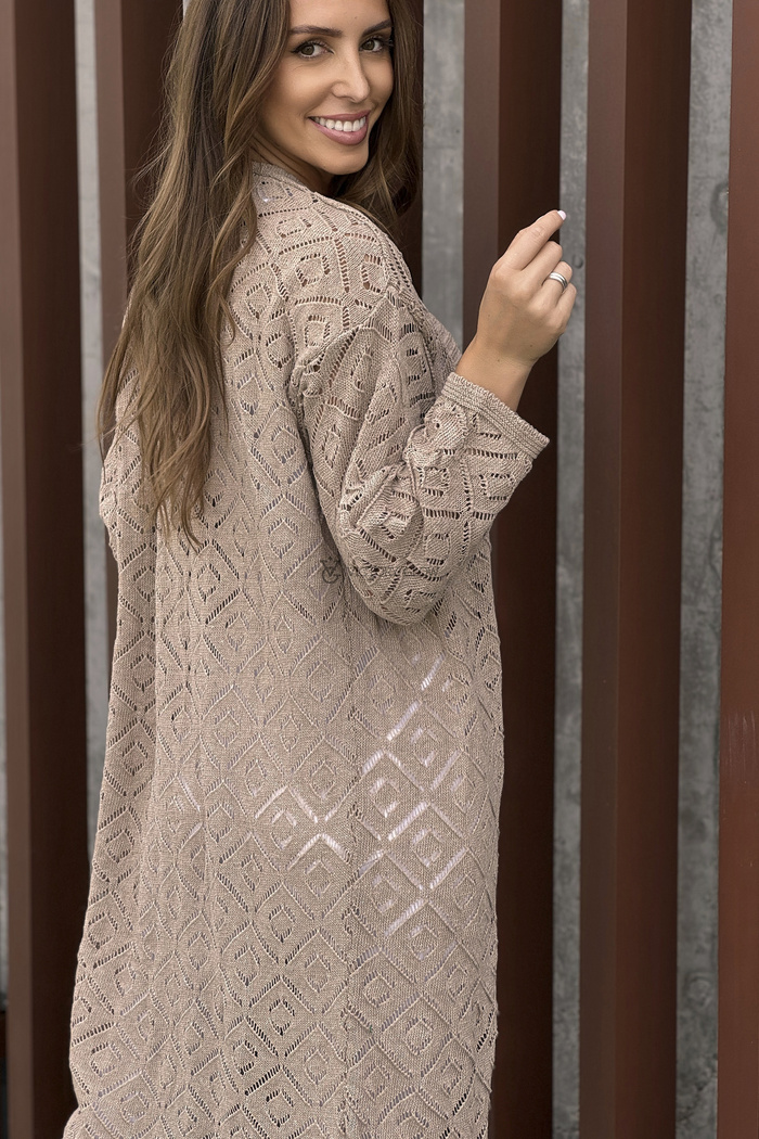 Beżowy ażurowy kardigan Lila bez zapięcia z frędzlami